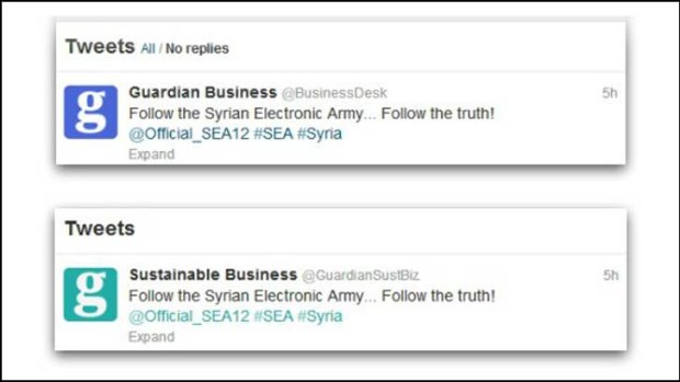 Hacked: <em>Guardian</em> tweets spruiking the Syrian Electronic Army.