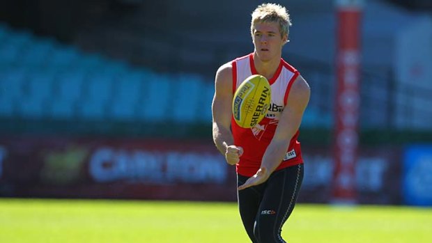 Call-up ... Luke Parker prepares for his senior debut during Swans training at the SCG yesterday.