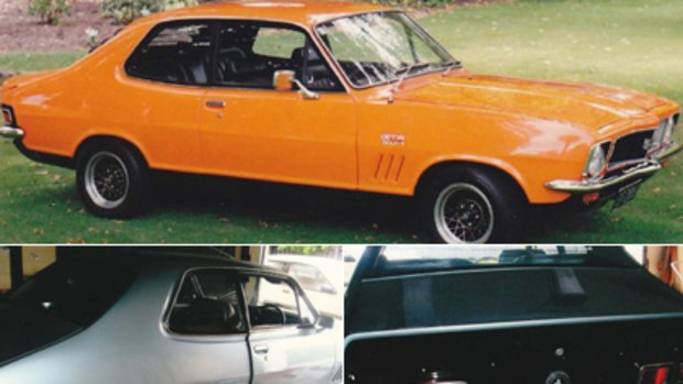 The two stolen 1972 Holden Toranas in orange, above and grey and black, below.