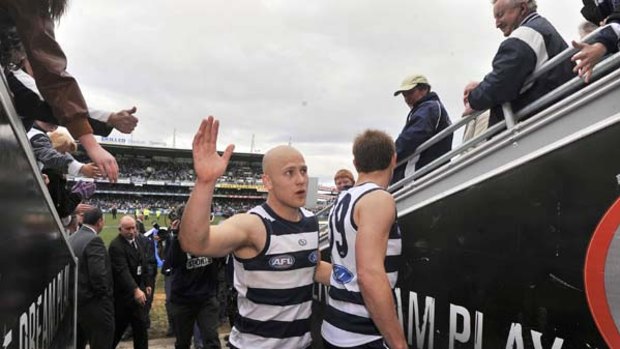 Is this goodbye, or only good afternoon? Gary Ablett farewells fans after another best-on-ground display at Skilled Stadium. The star Cat is yet to announce whether he will stay next year.