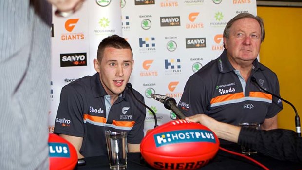 Tom Scully and Giants coach Kevin Sheedy at yesterday's announcement.