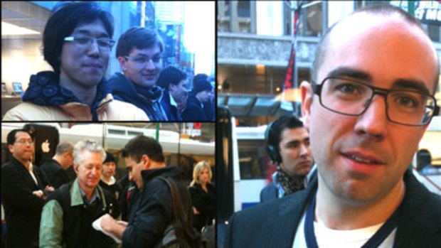Scenes from the Sydney Apple Store where the new iPhone 3GS went on sale today. Among those lining up for the new phone were Julian Morrow from The Chaser and Wayne Fox who brought his two Bichon Frise dogs.