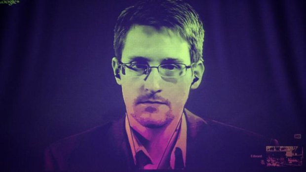 Edward Snowden speaking to European officials via videoconference in June.