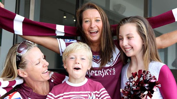 Birds of a feather: Manly fans Layne Beachley and Nicki Cook with her children Jackson, 6, and Tayah, 13.
