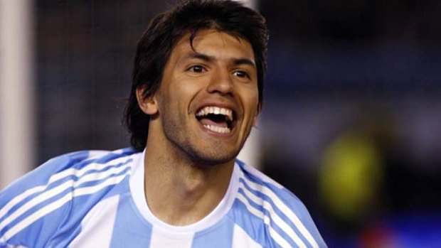 Sergio Aguero celebrates after scoring Argentina's fifth goal.