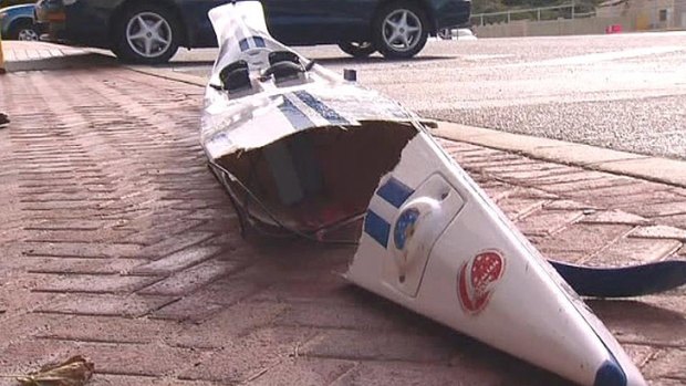 The surf ski damaged in the shark attack at Mullaloo Beach on June 20.