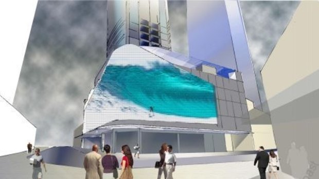A proposed redevelopment of Cavill Avenue includes the installation of large LED screens that stretch four storeys high and wrap around the corner of Orchid St.
