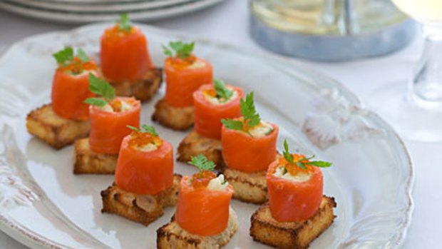 Smoked Salmon with Crab, Celeriac Rémoulade and Green Shallot Dressing.