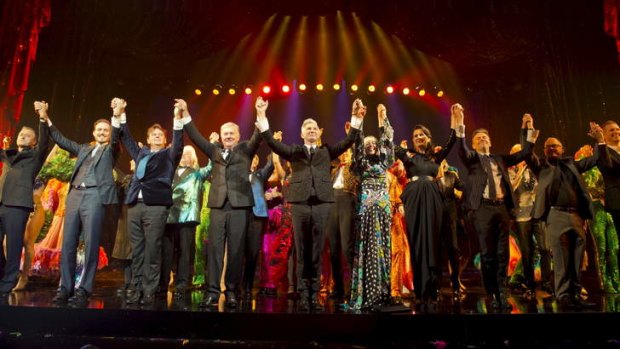 Curtain call: Baz Lurhmann celebrates with the cast after the premiere.