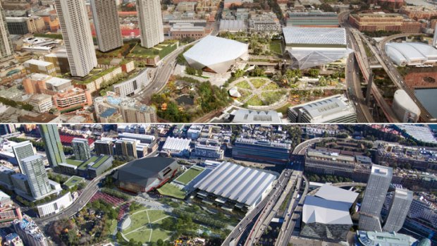 Bird's eye view: the Multiplex proposal, top, and the Lend Lease proposal, below.