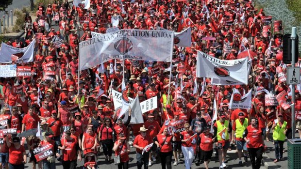 Lesson for the day: Thousands of teachers marched from Hisense Arena to Parliament House to protest over pay and conditions.