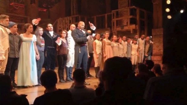 Actor Brandon Victor Dixon who plays Aaron Burr, the third US vice-president, in <i>Hamilton</i> addresses Mike Pence after the curtain call in New York on Friday.