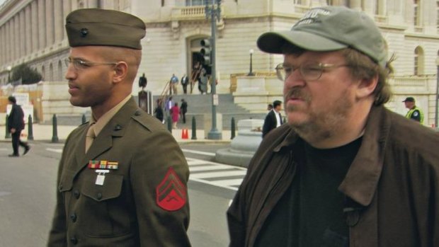 Michael Moore with Sgt. Abdul Henderson on Capital Hill in a scene from <i>Fahrenheit 9/11</i>.
