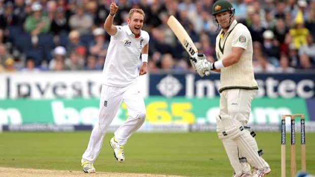 Watson is caught down the leg side as Stuart Broad claims his fourth wicket.