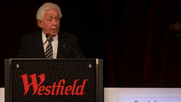 Not backing down: Frank Lowy speaks at the Westfield 2014 AGM.