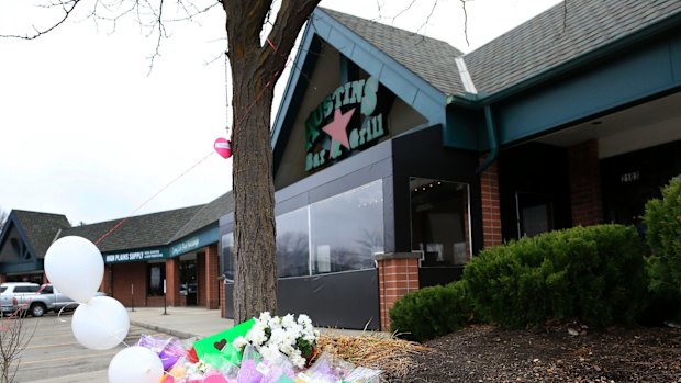 A small memorial for Srinivas Kuchibhotla outside Austins Bar and Grill in Olathe, Kansas on Friday.