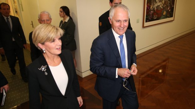 Prime Minister Malcom Turnbull and Deputy Liberal Leader Julie Bishop after the leadership ballot at the Party Room in Parliament House in Canberra on Monday 14 September 2015. Photo: Andrew Meares