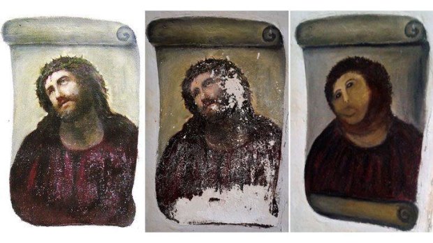 The original version of the painting Ecce Homo, left, by 19th-century painter Elias Garcia Martinez, the deteriorated version, centre, and the restored version,