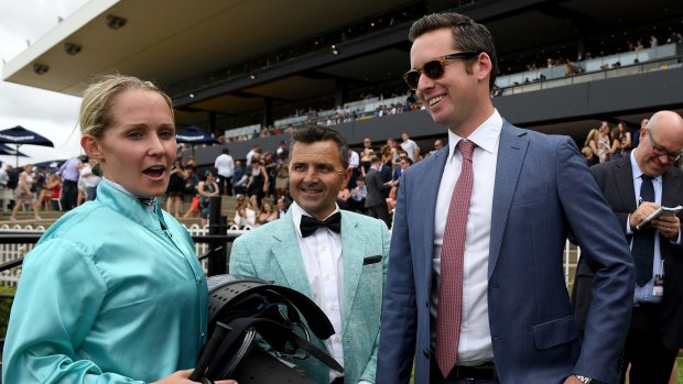 Convincing case: Jockey Rachel King speaks with trainer Adrian Bott after riding Cabeza De Vaca to victory. She wants to remain on board the six-year-old for the Villiers Stakes.