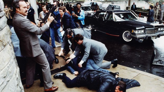 The moments just after John Hinckley tried to assassinate then US President Ronald Reagan in 1981.