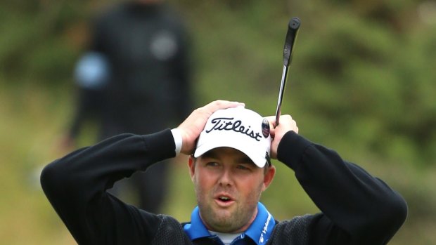 So close: Marc Leishman reacts after a putt on the 17th green during the final round at the British Open.