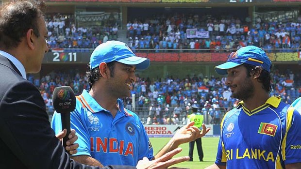 Rival captain MS Dhoni of India and Kumar Sangakkara of Sri Lanka agree to a re-toss of the coin before the World Cup final.