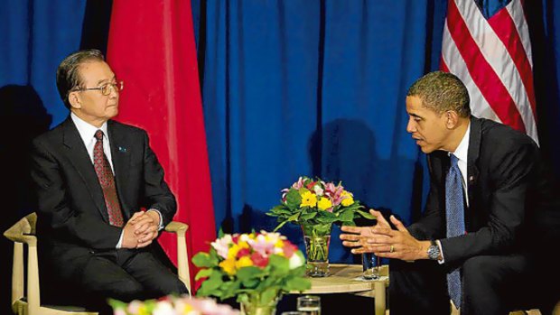 US President Barack Obama talks to Chinese Prime Minister Wen Jiabao in Copenhagen.