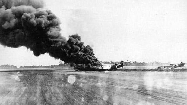A Japanese bomb claims an RAAF aircraft at Hughes Air Force base near Darwin in Wiorld War 2.