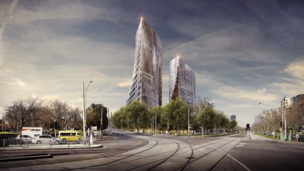 An artist's impression of the two 20-level towers to overlook Wesley College.