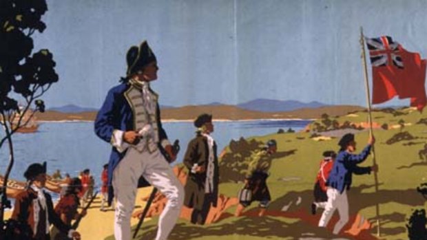Land ho ... a travel poster's picturesque portrayal of Captain Cook's landing at Botany Bay in 1770.