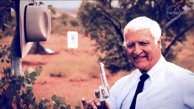Maverick MP Bob Katter in an election advertisement that showed him pretending to shoot political opponents.