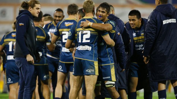 The Brumbies after beating the Jaguares.