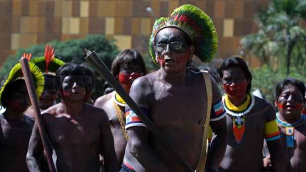 Amazon Indians protest in the Brazilian capital against a planned hydroelectric power dam.