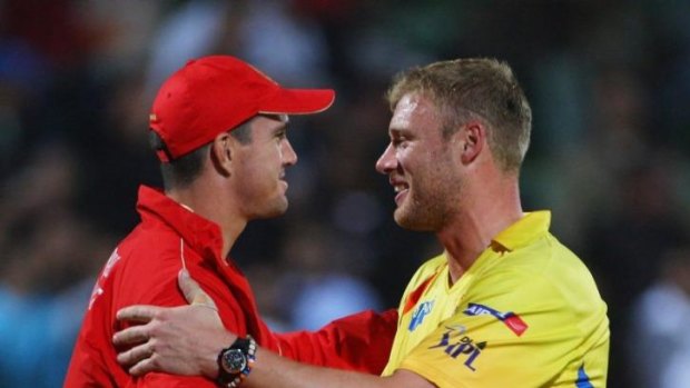 Kevin Pietersen of Bangalore shakes the hand of Andrew Flintoff of Chennai in 2009.