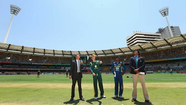 Michael Clarke and Mahela Jayawardene at the toss for the third one-dayer between Australia and Sri Lanka at the Gabba. The pitch provided plenty of help to the bowlers, resulting in a low-scoring match.
