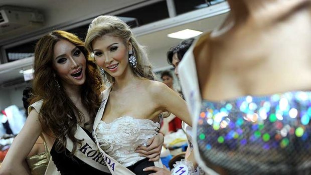 Flashback to  2010 ... South Korea's Mini, left,  and Canada's Jenna Talackova  backstage before the  Miss International Queen 2010 transexual beauty pageant in Thailand.