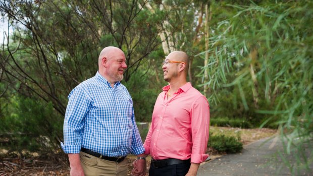 Greg Ralph and Jo Chua are one of the first same-sex couples to get married in Canberra. Photo: Dion Georgopoulos