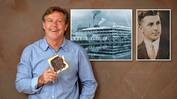 Jamie Callister, grandson of scientist-creator Cyril, whose persistence made Australians happy little Vegemites. The early South Melbourne factory (centre inset). Vegemite's creator, scientist Cyril Callister (right inset).