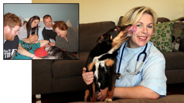 Vet Emma Whiston, with her own dog Sally, knows at first hand the strong bonds people share with their pets. Inset: Sue Floyed and her family with their kelpie cross, Sarah.