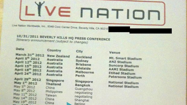 A leaked email that was sent to a Madonna fan site in the US contained this photo of the unconfirmed 2012 tour schedule printed on an official letterhead from the promoter.