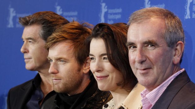 Robert Harris (right) with the stars of adaptation of <i>The Ghost</i>: (from left) Pierce Brosnan, Ewan McGregor, and Olivia Williams.