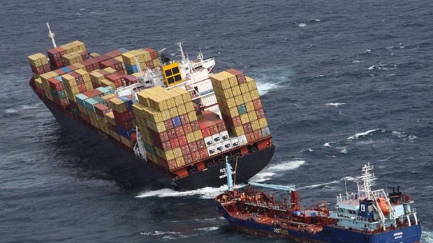 The container ship Rena, aground on the Astrolabe Reef near New Zealand's Tauranga harbour.