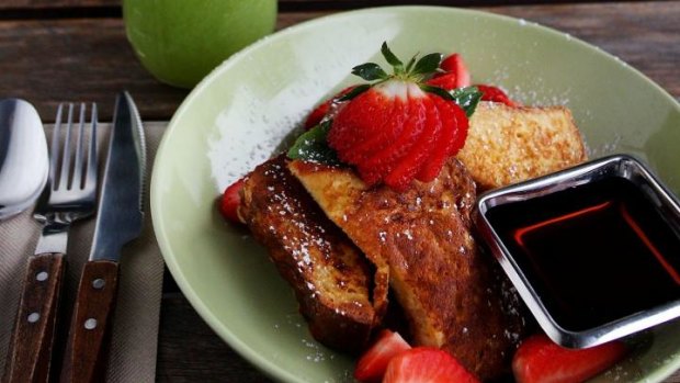 Sweet kick: Brioche French toast and a green apple, pear, spinach cold pressed juice.
