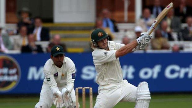 Brutal . . . Shane Watson hits a six during an enterprising opening stand with Simon Katich.