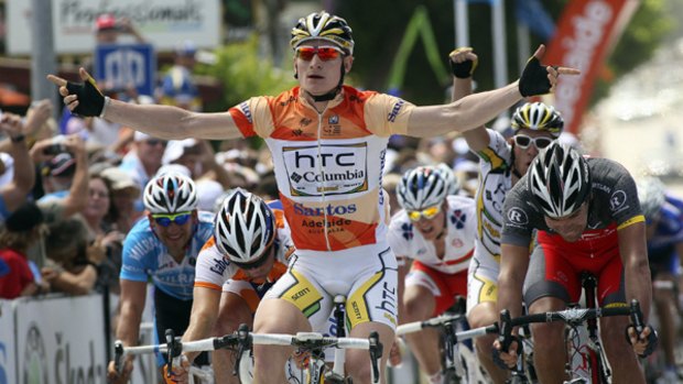 New leader...Andre Greipel from Germany celebrates after winning the fourth stage of the Tour Down Under between Norwood and Goolwa.