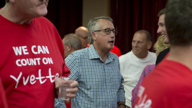 Former Labor deputy prime minister Wayne Swan among the party supporters watching the updates on the Redcliffe byelection. Labor selected former federal MP Yvette D'ath to stand for the state seat.