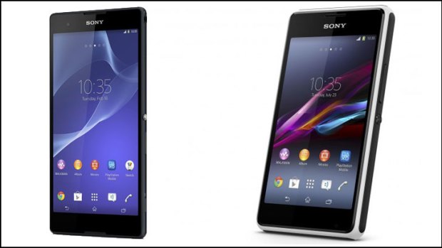 Sony's 6-inch Xperia T2 Ultra, left, and the 4-inch Xperia E1, right.