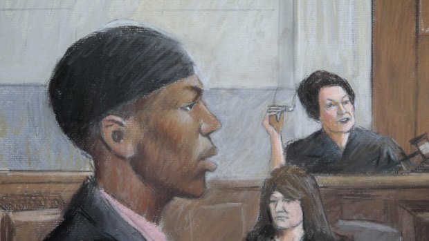 A courtroom drawing shows Umar Farouk Abdulmutallab at the start of his trial.