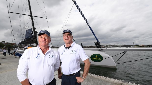 Skipper Ludde Ingvall and Michael Hintze with super maxi CQS at the Birkenhead Marina, before the Sydney to Hobart race last year. 