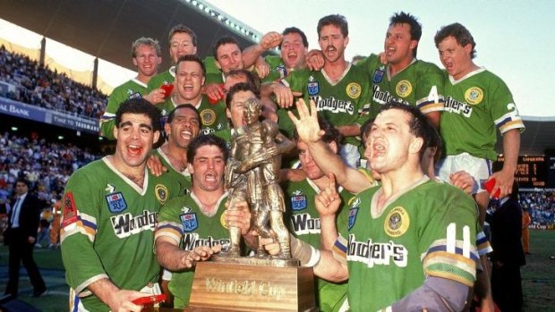 Canberra raiders celebrate the 1989 grand final win.